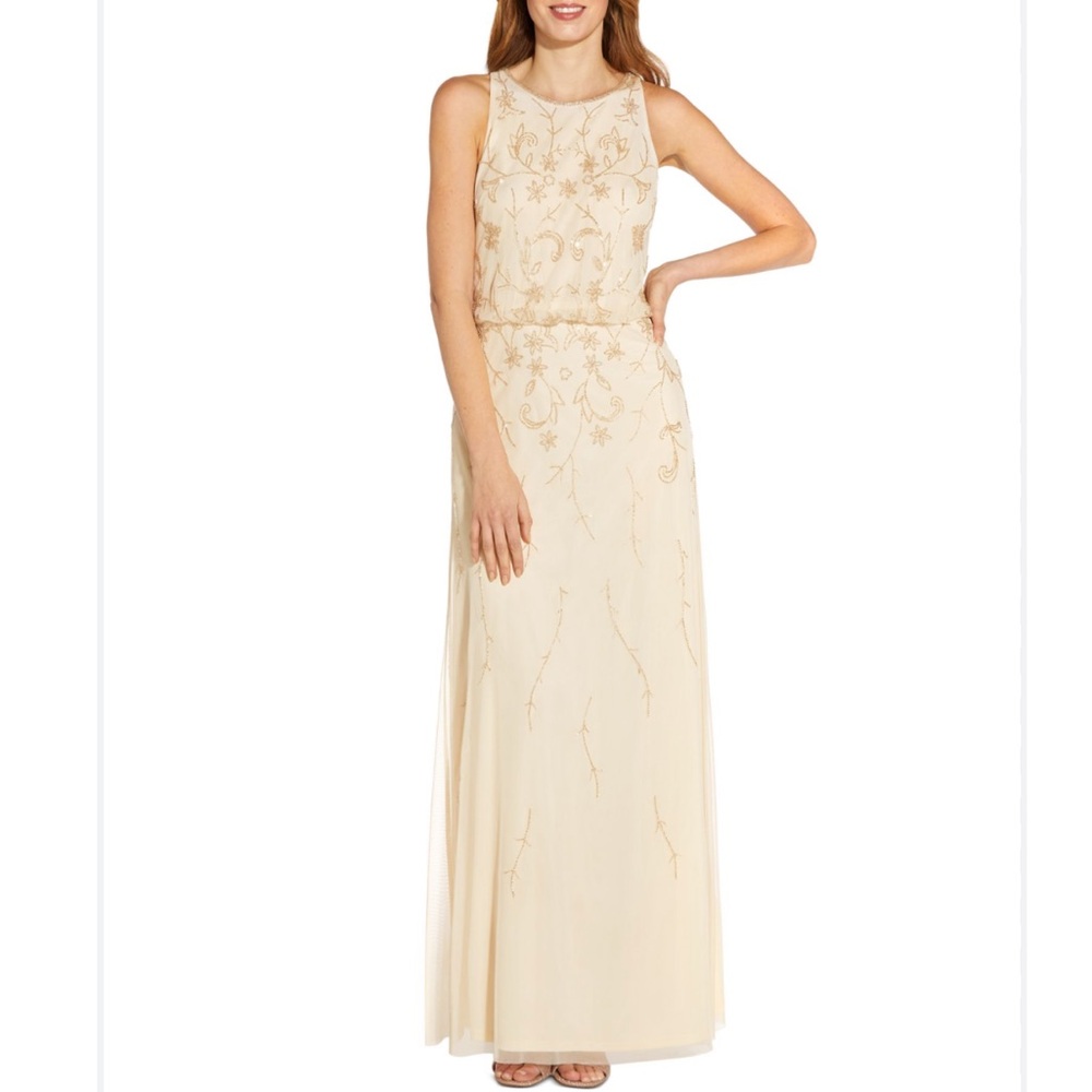 Adrianna Papell Studio Beige Cream Floral Beaded Blouson Gown Dress size 10